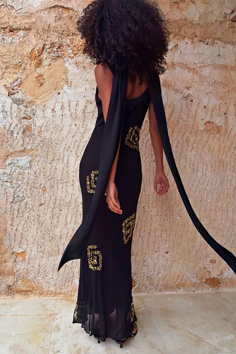 Black & Gold Simona Maxi Dress Petite with gold sequin motifs and scarf ties, designed in London.