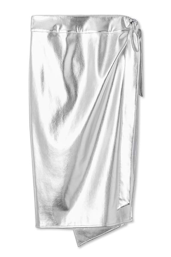 Silver metallic vegan leather Jaspre wrap midi skirt featuring an adjustable side tie fastening.