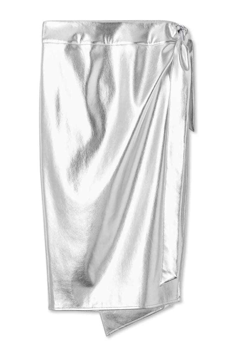 Silver metallic vegan leather Jaspre wrap midi skirt featuring an adjustable side tie fastening.