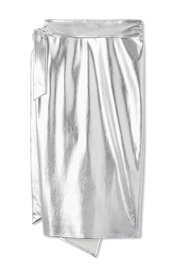 Silver metallic vegan leather Jaspre wrap midi skirt with a side tie detail on a white background.