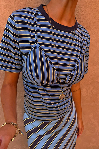 Blue Stripe Bra Baby T-Shirt featuring a detachable bra overlay and contrasting stripe placement.
