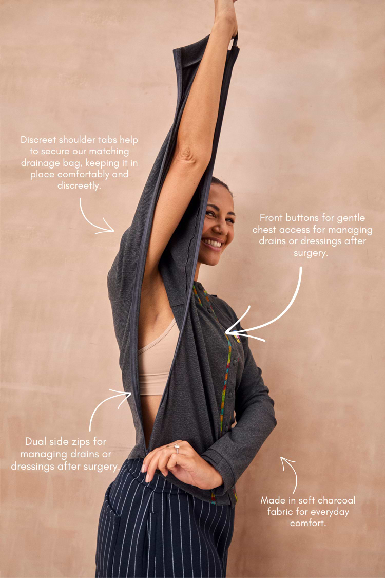 Charcoal Life is Tough Honey T-Shirt with functional side zips and shoulder tabs for accessible treatment wear.