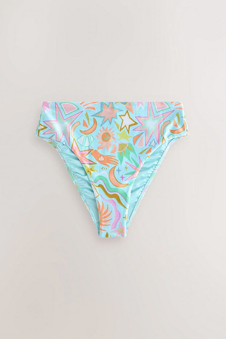 Blue Dreamer High Waist Brief featuring a vibrant sun and palm abstract print on a light blue base.