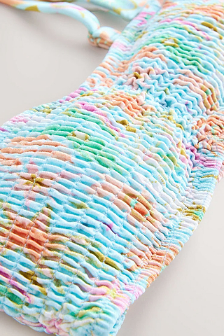 Blue Dreamer Shirred Bandeau Top detail highlighting the elasticated fabric and colourful abstract print motifs.