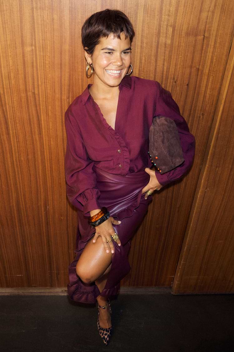 Burgundy Vegan Leather Ruffle Jaspre Skirt styled with a matching ruffle shirt and leopard print heels.