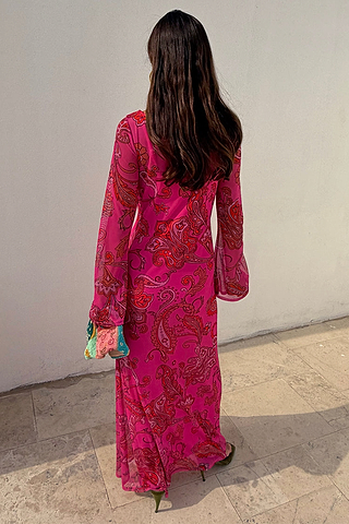 Pink Paisley Mesh Midaxi Dress with long sleeves, designed in London and shown from the back.
