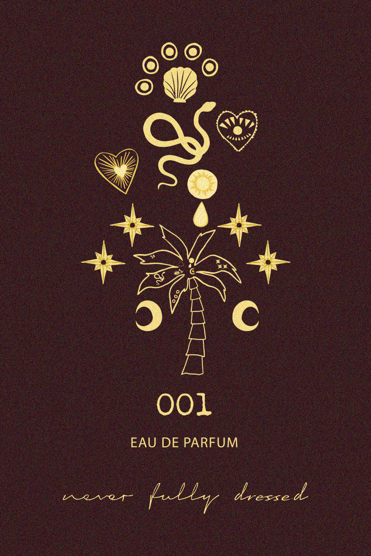 NFD Eau De Parfum 001 graphic featuring gold celestial icons and a palm tree on a dark brown background.