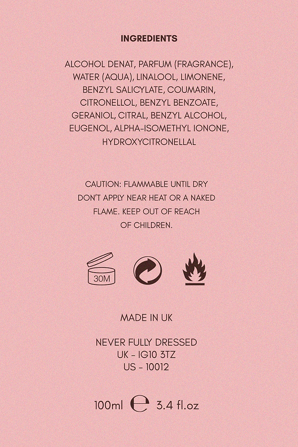 NFD Eau De Parfum 002 ingredient list and safety details on a soft pink background, made in the UK.