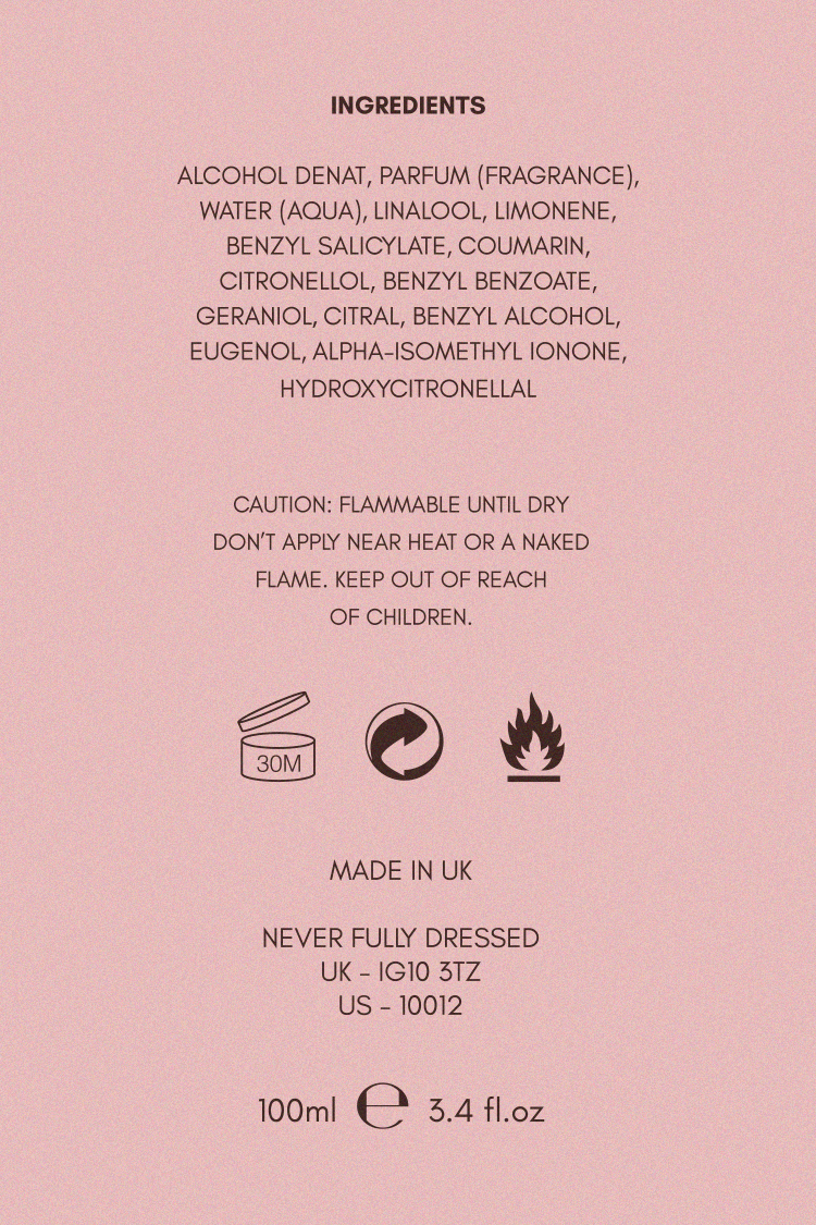 NFD Eau De Parfum 002 ingredient list and safety details on a soft pink background, made in the UK.