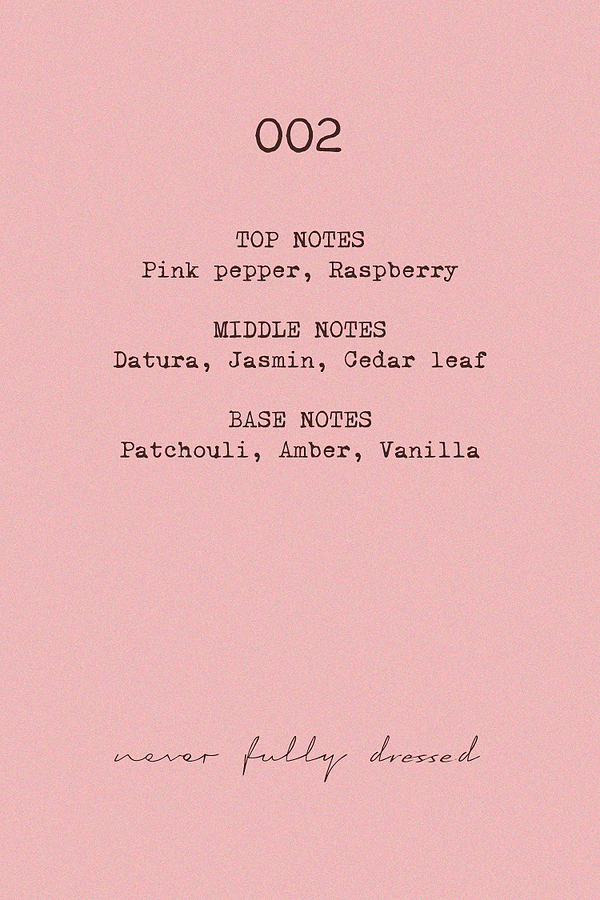 NFD Eau De Parfum 002 fragrance notes graphic on a pink background, listing pink pepper, raspberry, jasmine and vanilla.