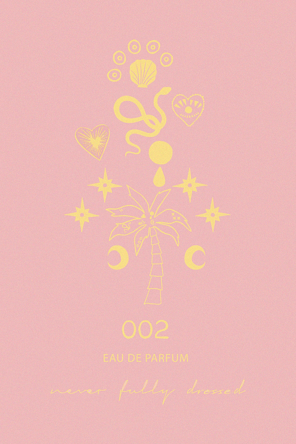 NFD Eau De Parfum 002 graphic featuring yellow palm tree, moon, and star icons on a blush pink background.