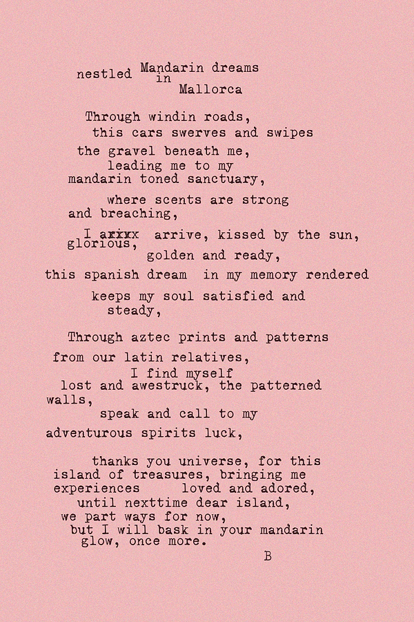 Typewriter-style poem on a pink background describing the Mallorca scent inspiration for NFD Eau De Parfum 002.