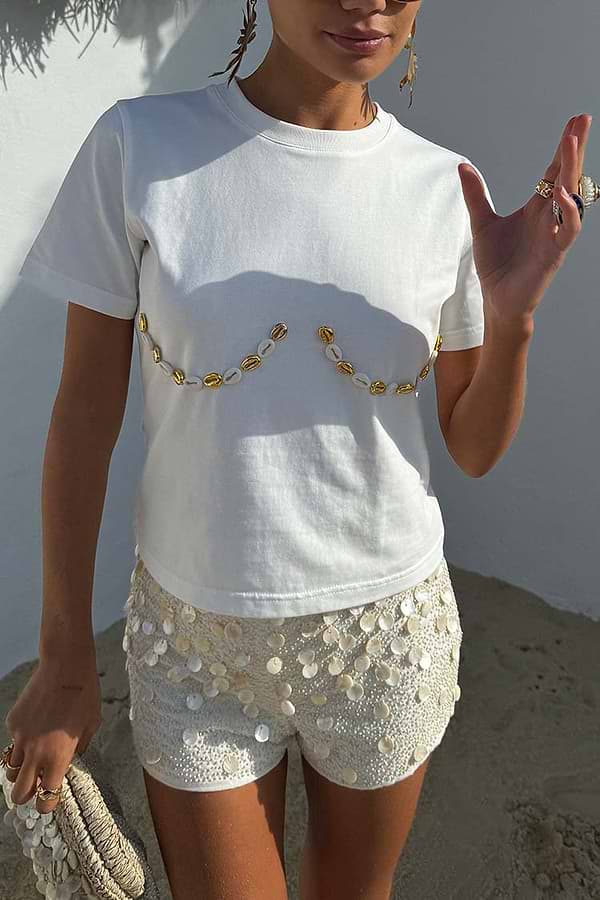 Cream Shells Hot Pants with pearlescent shell beads and a matching tee, designed in London for vacation.