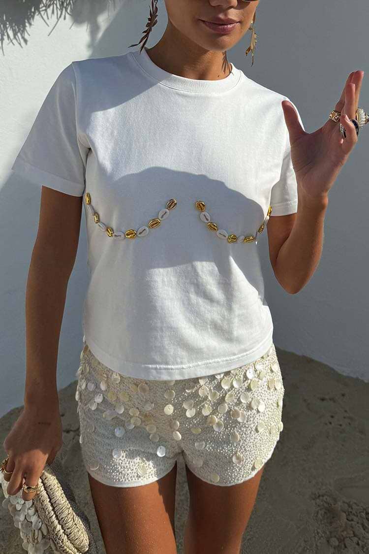 Cream Shells Hot Pants with pearlescent shell beads and a matching tee, designed in London for vacation.