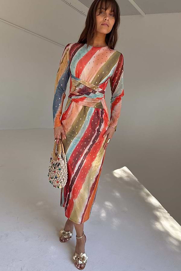 Sunset Stripe Mesh Midi Dress featuring multicoloured diagonal stripes, gold foil dots and a wrap tie waist.