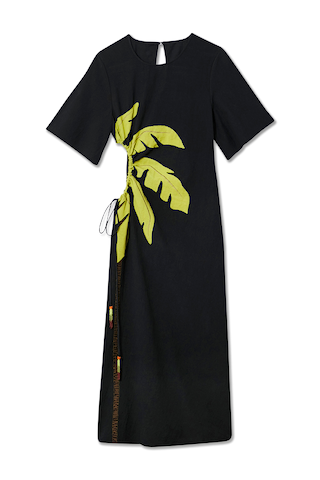 Black Palm Riviera Dress with an iconic lime green palm motif, side cut-out and adjustable tie detailing.