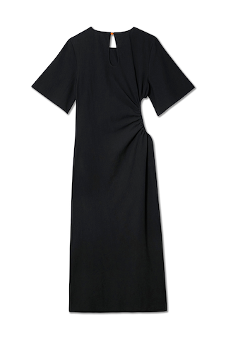 Black Palm Riviera Dress featuring a side cut-out, waist ruching, and a keyhole back with an orange button.
