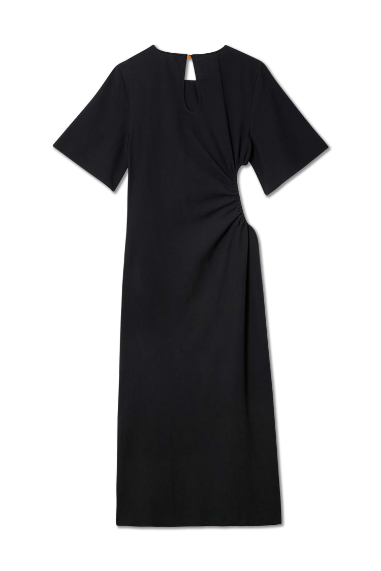 Black Palm Riviera Dress featuring a side cut-out, waist ruching, and a keyhole back with an orange button.