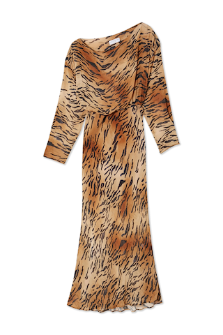 Animal Tilly Dress in a tiger print featuring an off-the-shoulder silhouette and long sleeves.