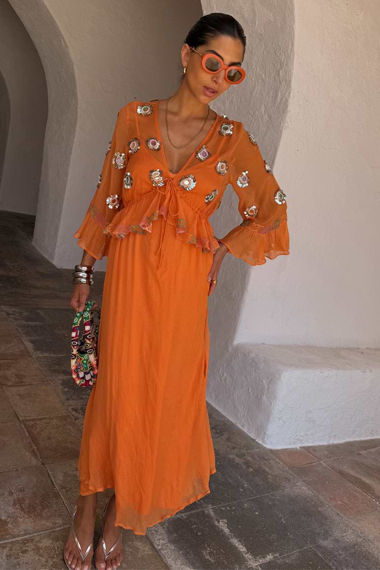 Apricot Embellished Ines Dress in orange featuring mirror detailing, a peplum hem, and hand embroidery.