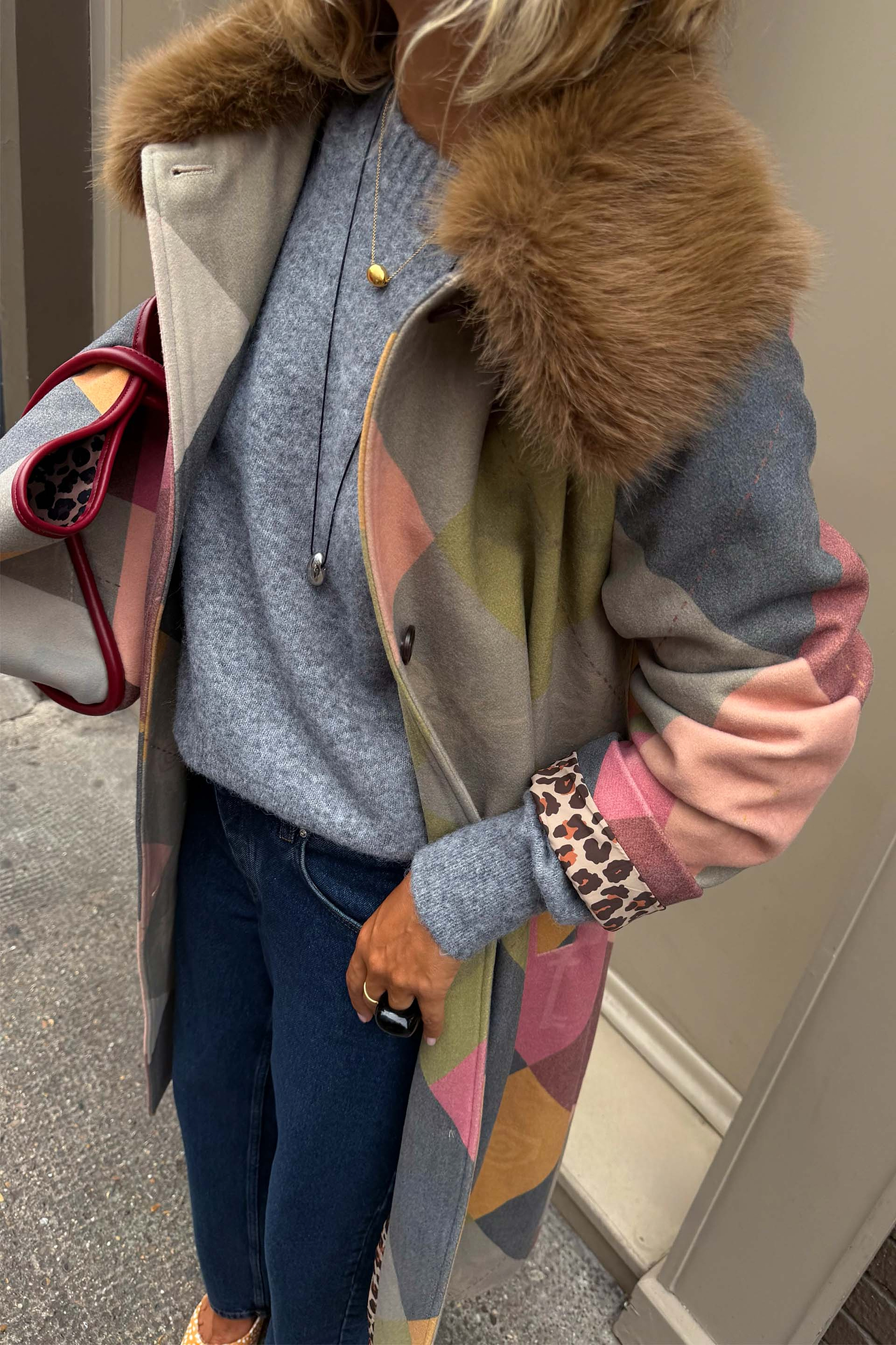 Argyle Wool Blend Long Coat