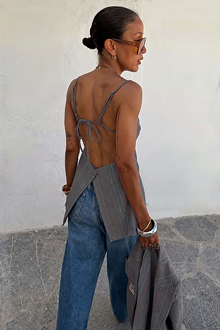 Grey Love Pinstripe Backless Top