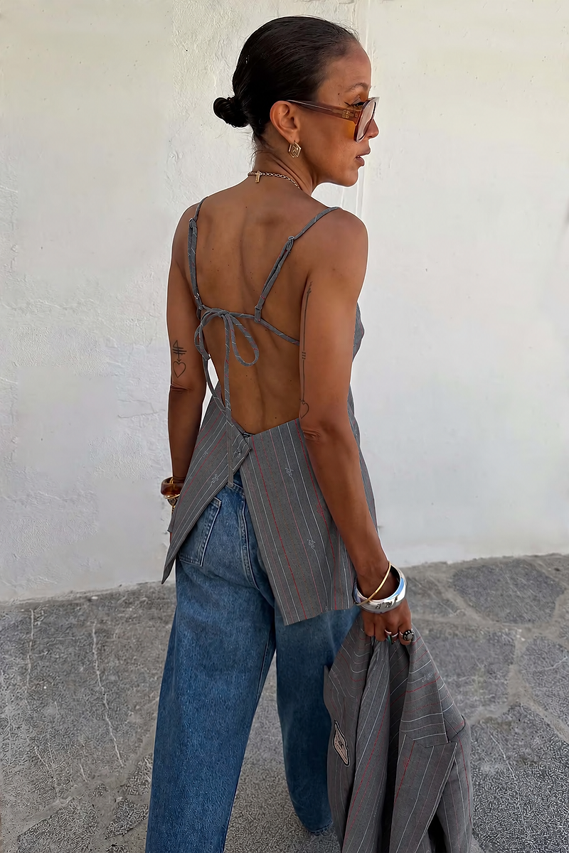 Grey Love Pinstripe Backless Top