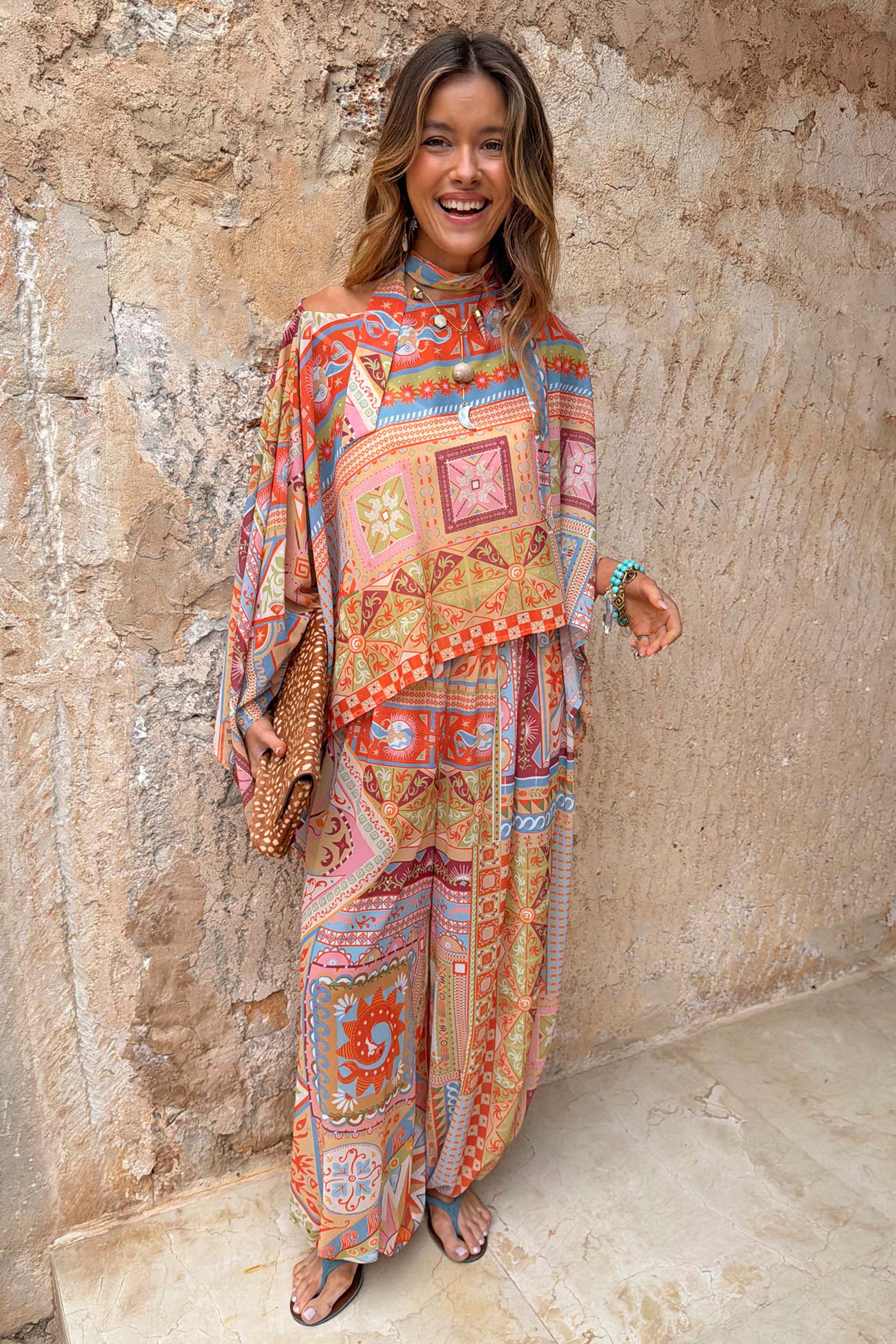 Dolce Vita Balloon Trousers with a multi-coloured tile print and wide-leg fit, styled as a matching co-ord.
