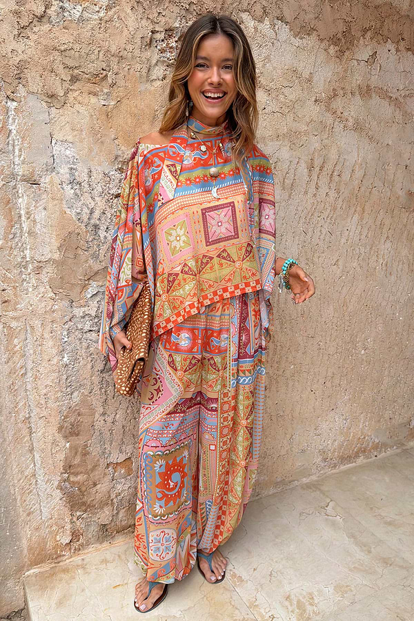Dolce Vita Balloon Trousers with a multi-coloured tile print and wide-leg fit, styled as a matching co-ord.