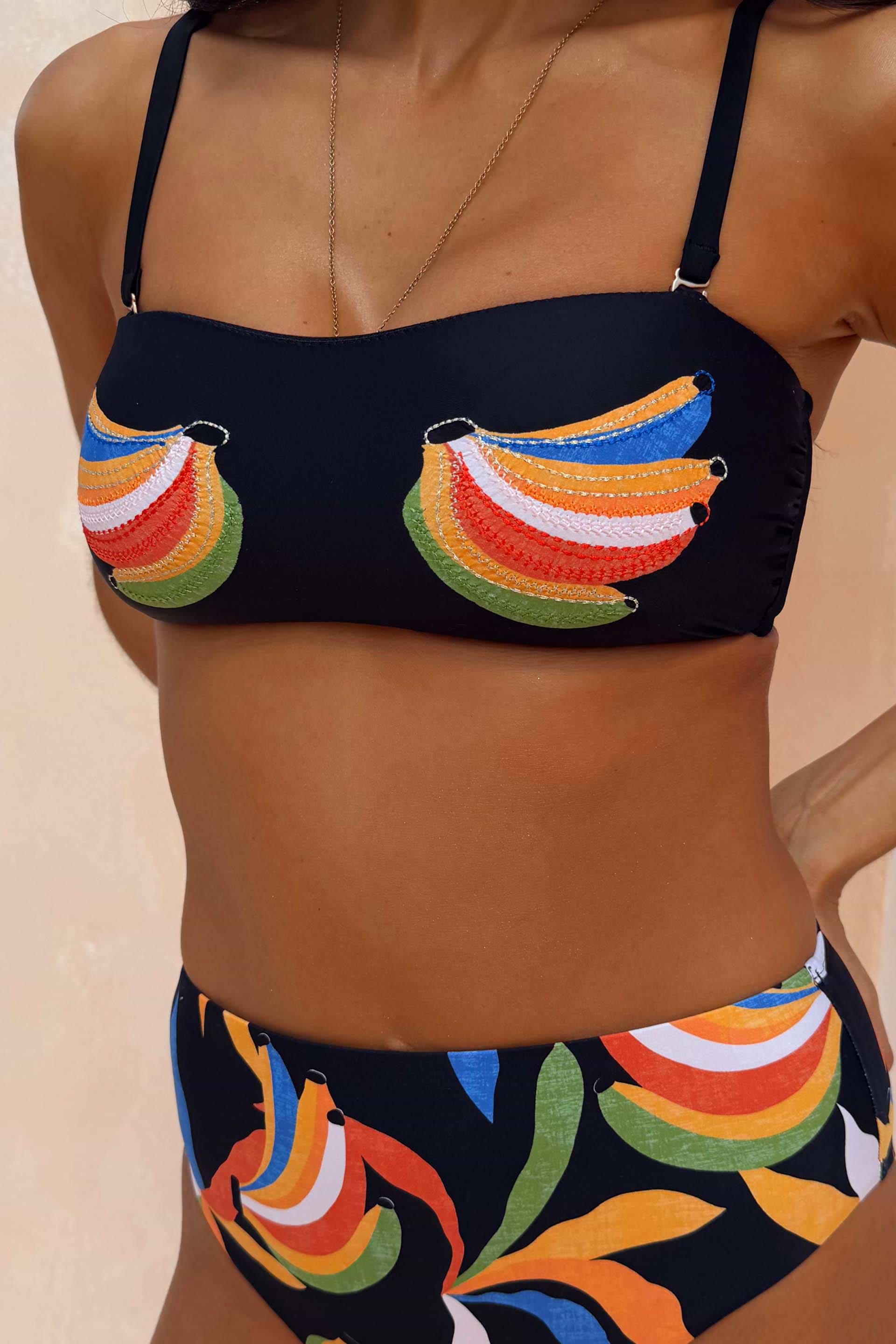 Banana Bandeau Bikini Top in black featuring colourful embroidered banana motifs and adjustable shoulder straps.