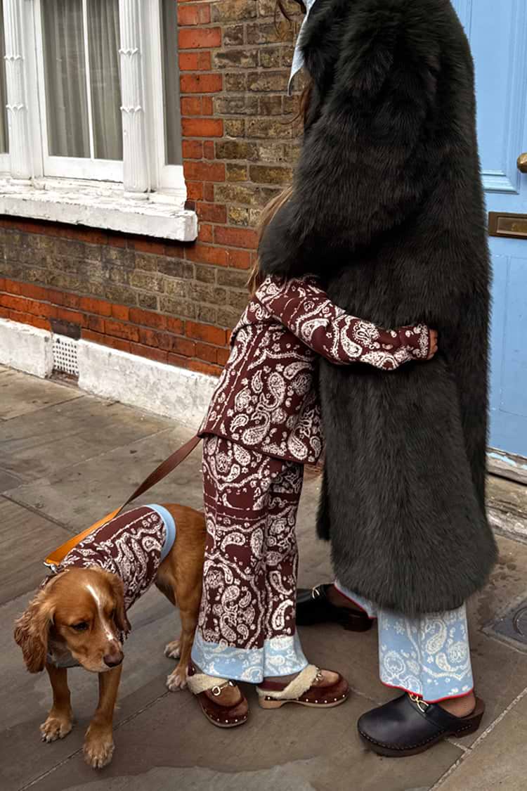 Chocolate Bandana Dog Jumper in a thick knit, styled with a matching kids' set for a London look.
