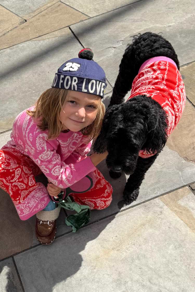 Red and Pink Bandana Dog Jumper on a black dog, paired with a matching kids' bandana print knitted set.
