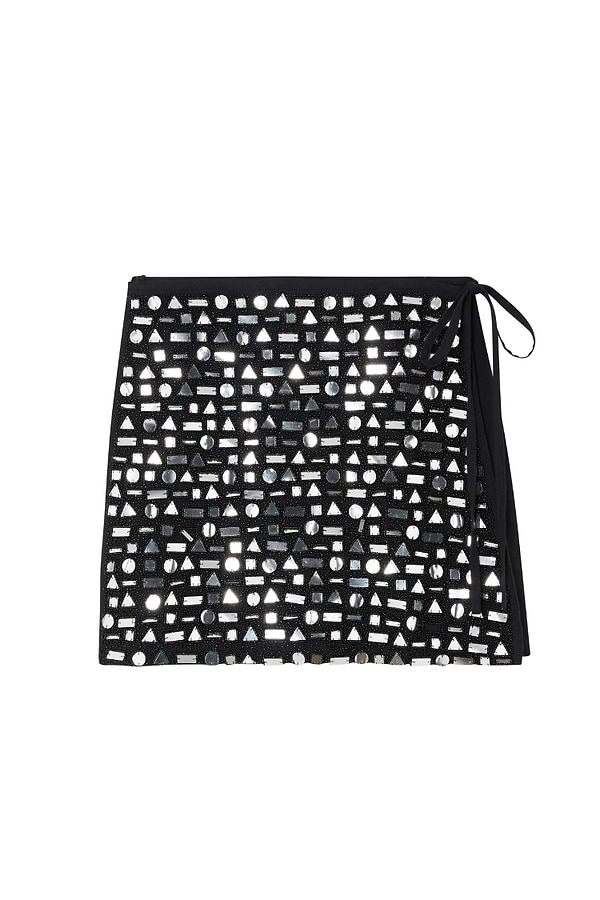 Black Beaded Mirror Wrap Mini Skirt featuring silver geometric glass beads and a side tie fastening.