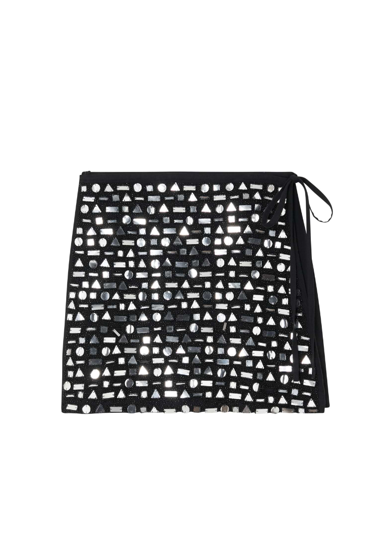Black Beaded Mirror Wrap Mini Skirt featuring silver geometric glass beads and a side tie fastening.