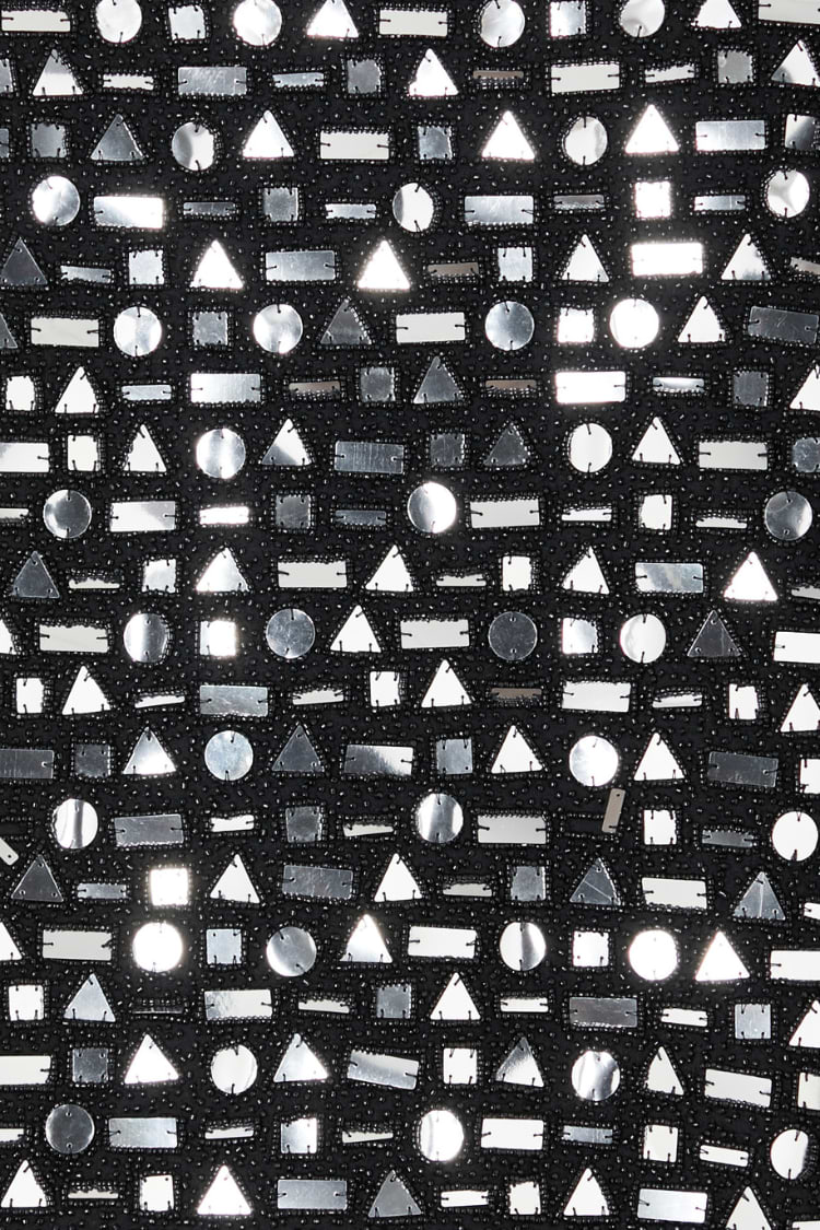 Black Beaded Mirror Skirt detail highlighting silver geometric glass beads and mirror embellishments.