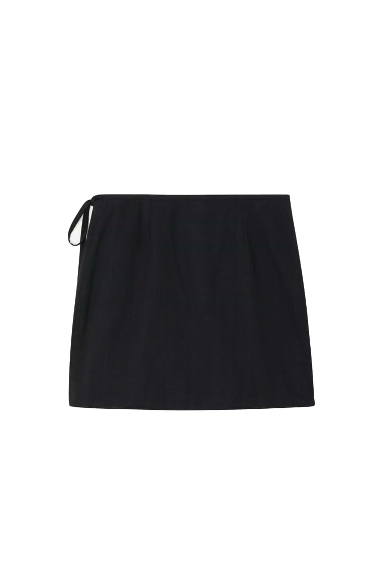 Black Beaded Mirror Skirt in a cotton mini wrap style with a side tie fastening.