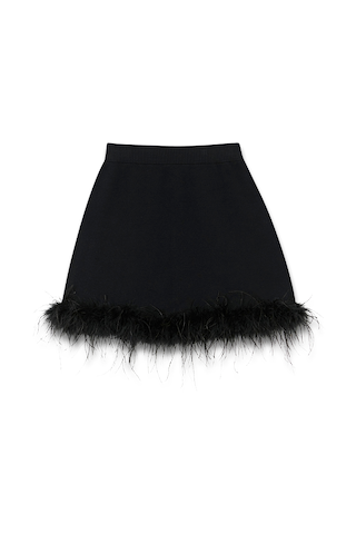 Black Jake knit mini skirt featuring a thick elasticated waistband and detachable feather trim along the hemline.