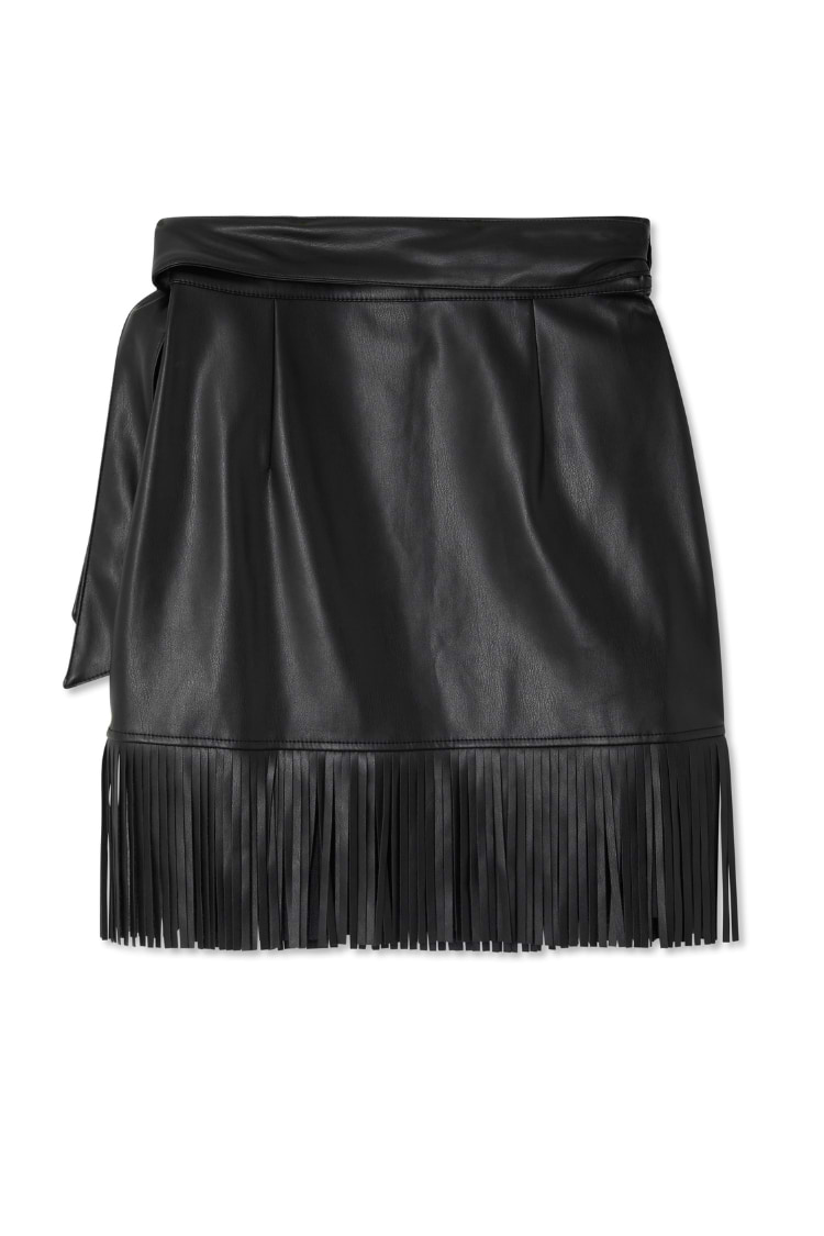 Iconic black vegan leather mini Jaspre skirt with fringe detailing and multi-wear wrap fastening.