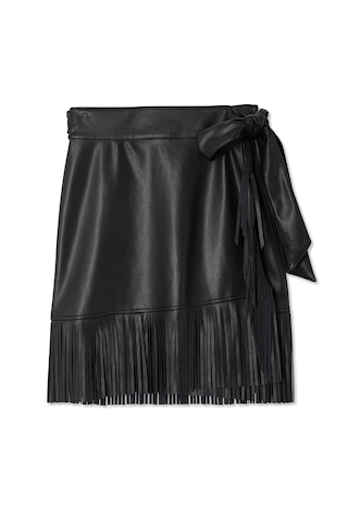 Black vegan leather mini Jaspre wrap skirt featuring fringe detailing on the hem and side tie fastening.