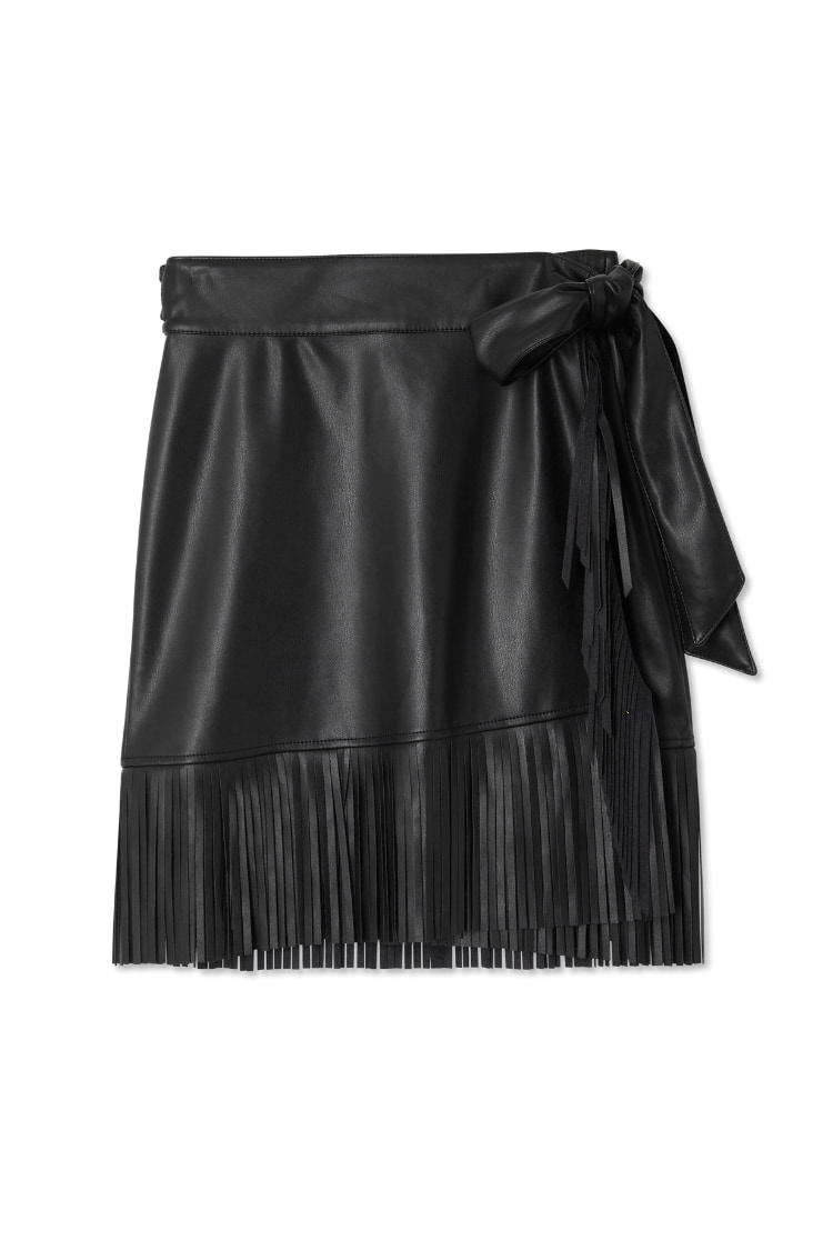 Black vegan leather mini Jaspre wrap skirt featuring fringe detailing on the hem and side tie fastening.