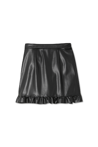 Black Vegan Leather Ruffle Mini Jaspre Skirt featuring a ruffled hem and wrap tie fastening.