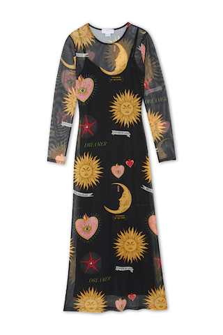 Black Mystical Mesh Dress featuring celestial sun and moon motifs, sheer long sleeves and a midaxi length.