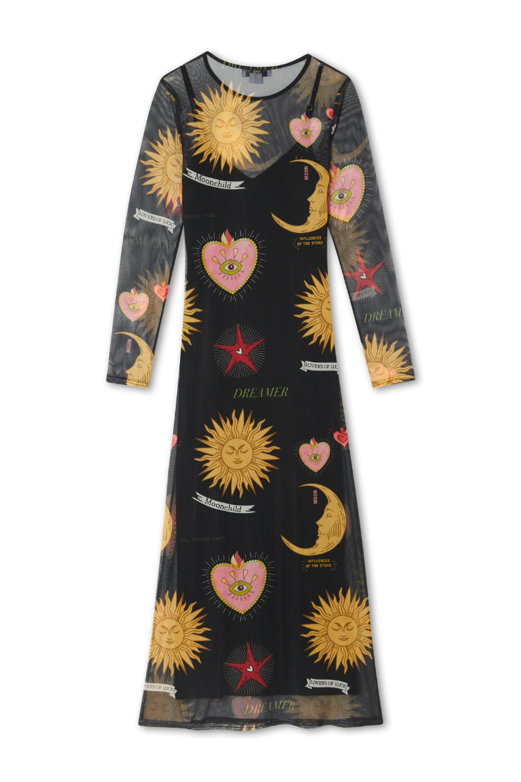 Black Mystical Mesh Dress featuring gold celestial motifs on sheer fabric in a midaxi length with long sleeves.
