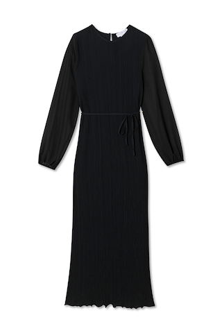 Black Plisse Perrie Dress featuring sheer balloon sleeves, a textured pleated finish, and a tie-waist detail.