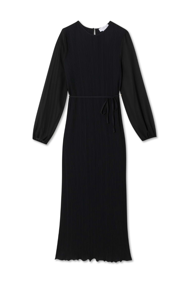 Black Plisse Perrie Dress featuring sheer balloon sleeves, a textured pleated finish, and a tie-waist detail.