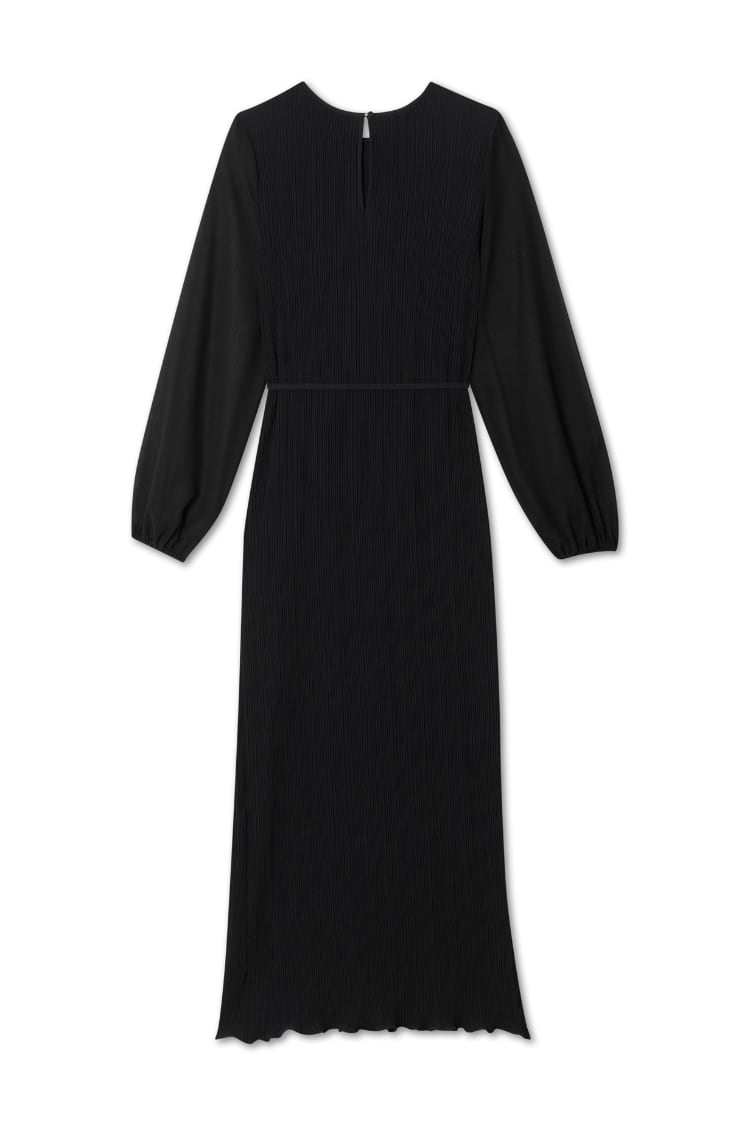 Black Plisse Perrie Dress featuring sheer balloon sleeves and a keyhole back detail in a textured plisse finish.
