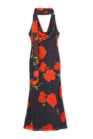 Black Poppy Sophie Dress with white polka dots, red poppies, a cowl neckline, and a detachable multi-wear scarf.