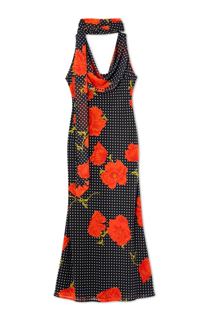 Black Poppy Sophie Dress with white polka dots, red poppies, a cowl neckline, and a detachable multi-wear scarf.