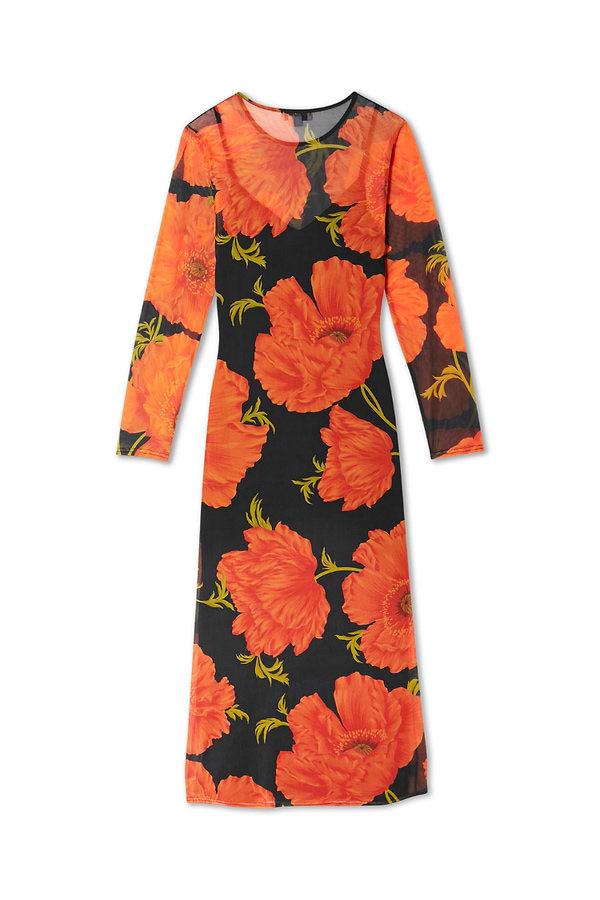 Black Poppy Aria Mesh Dress featuring bold red blooms on sheer black mesh with long sleeves and a midi cut.