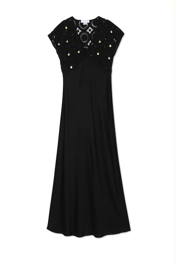Black Crochet Shell Elodie Dress with a crochet knit top, gold shell details and a satin skirt.